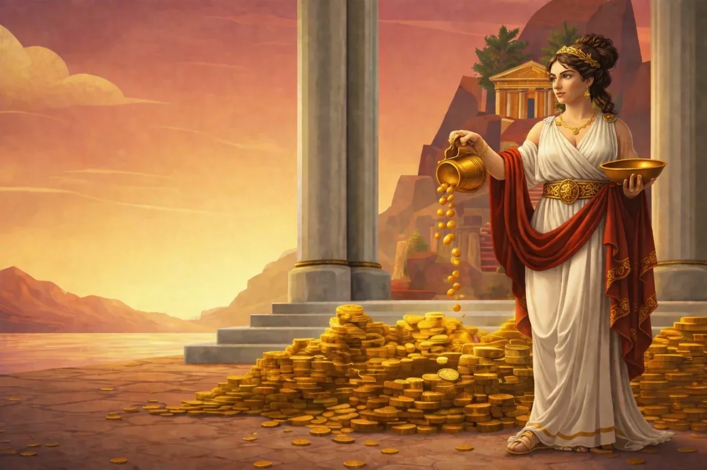 Scène promotionnelle avec statue et pièces d'or